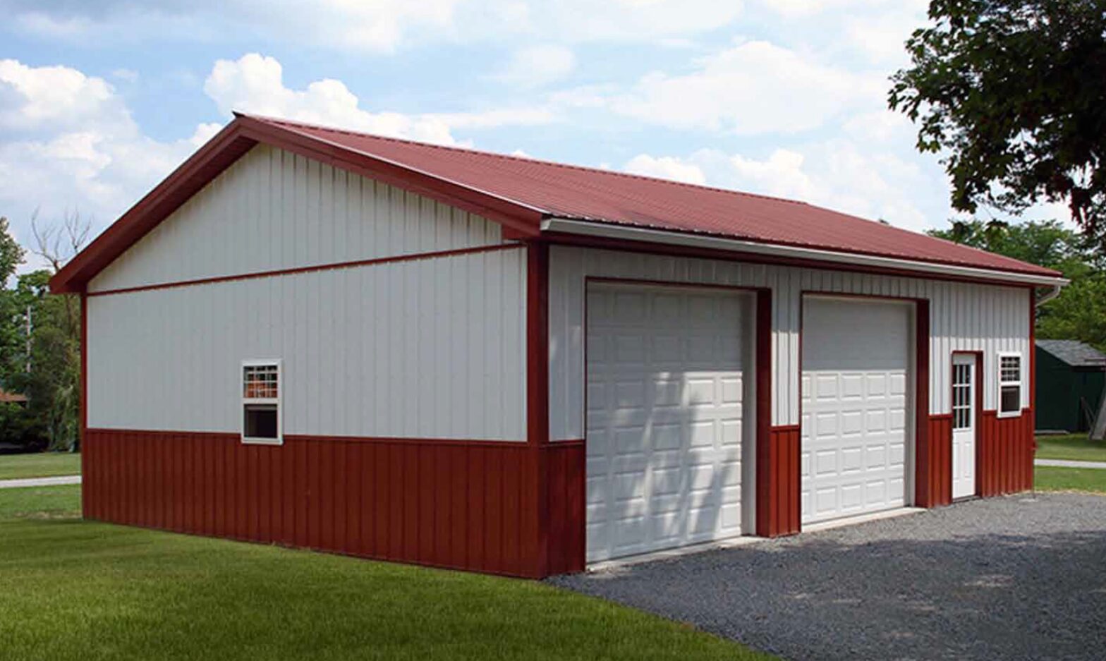 red pole building with beige accents