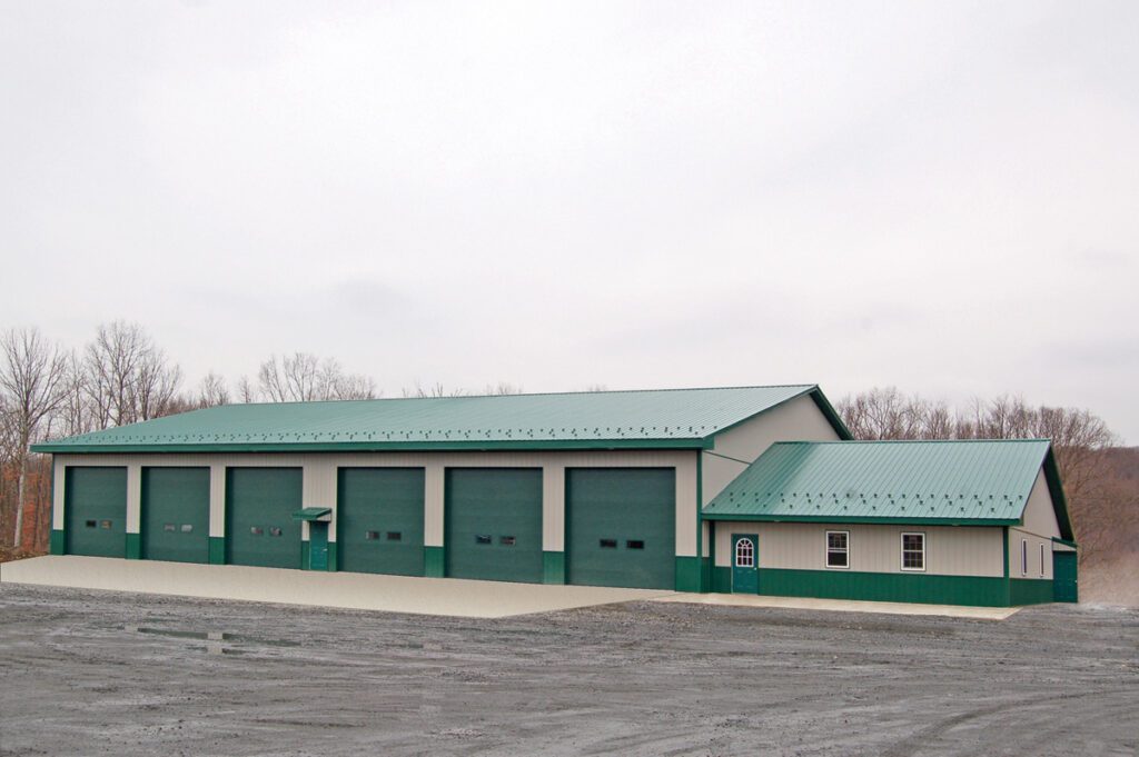 green and tan commercial garages